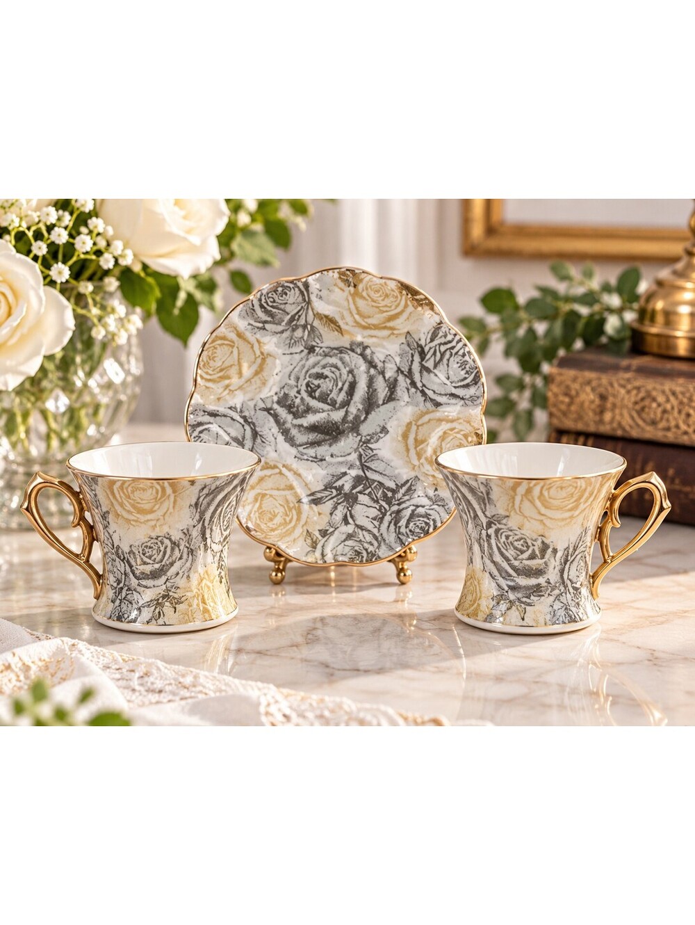 Lorren Home Trends Lorenzo Fine China Demitasse Espresso Cups Saucers Set 4 NIB